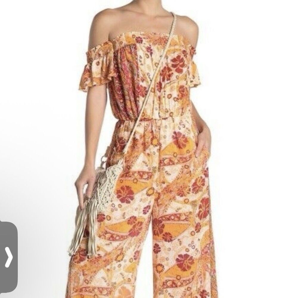 Free People Carmen Off-the-Shoulder Jumpsuit Orange Floral Print Boho Size XS - Picture 10 of 10